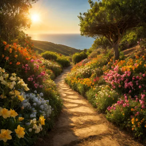 1 girl "Charlize Theron", dentro de um jardim de flores de cerejeiras,e o sol brilhava intensamente,The light from the back window is backlighted, Existe um caminho no meio do mar de flores de cerejeiras,there is space between,There is a path in the center...