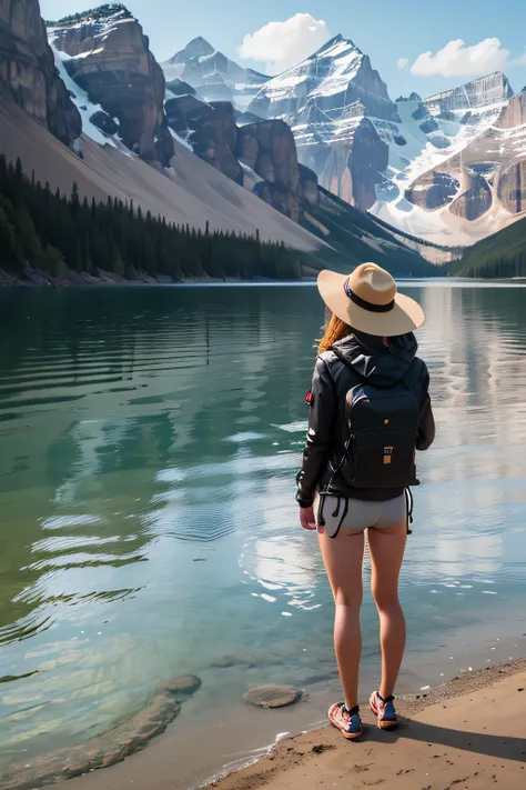 araffe woman in a bikini and hat standing on a beach, wearing a fisher 🧥, on a lake, in the middle of a lake, long shot from back, fish in the background, long shot from the back, gazing at the water, on the bow, shot from behind, in a lake, great view, sh...