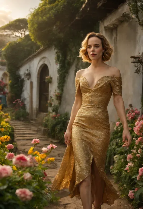 1 girl "rachel mcadams com vestido preto com dourado", dentro de um jardim de flores de cerejeiras，e o sol brilhava intensamente...