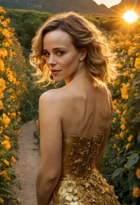 1 girl "rachel mcadams com vestido preto com dourado", dentro de um jardim de flores de cerejeiras，e o sol brilhava intensamente...