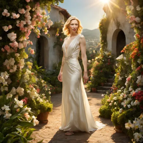 1 girl "Cate Blanchett com vestido branco com azuk escuro", dentro de um jardim de FLORES de cerejeiras，e o sol brilhava intensamente，The light from the back window is backlighted, Existe um caminho no meio do mar de flores de cerejeiras，there is space bet...