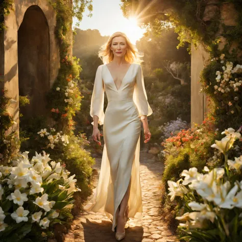 1 girl "Cate Blanchett com vestido branco com azuk escuro", dentro de um jardim de FLORES de cerejeiras，e o sol brilhava intensamente，The light from the back window is backlighted, Existe um caminho no meio do mar de flores de cerejeiras，there is space bet...