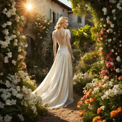 1 girl "Cate Blanchett com vestido branco com azuk escuro", dentro de um jardim de FLORES de cerejeiras，e o sol brilhava intensamente，The light from the back window is backlighted, Existe um caminho no meio do mar de flores de cerejeiras，there is space bet...