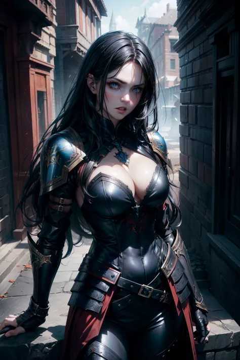 Beautiful Vampire warrior girl a masterpiece, wavy black hair, Realistic blue eyes, 8k resolution, Intricately Designed black-red leather armor with neckline, dark fantasy concept art, by Greg Rutkowski