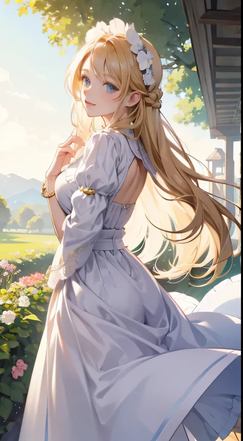 Absurd resolution, A high resolution, (tmasterpiece: 1.4), A woman who is，16 yaers old，big breasts beautiful，prette，blond hairbl，long whitr hair，goddes，white  clothes，gentleness，springtime，Bright tones，stands in the garden，Facing the lens