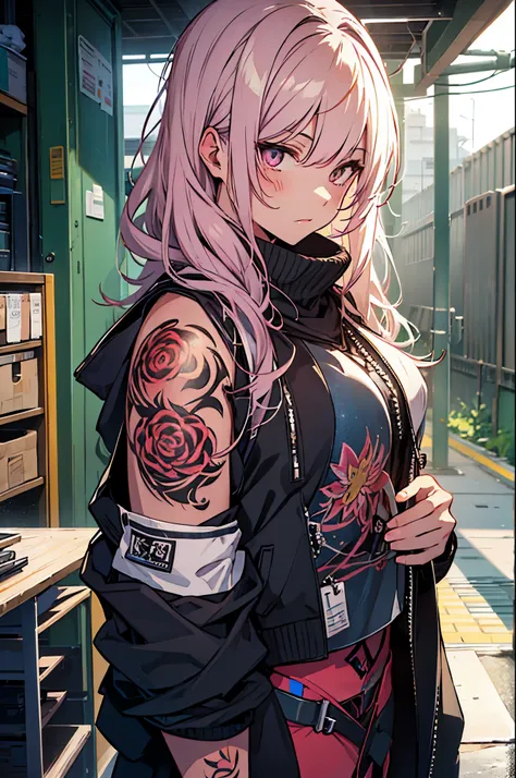 Alternative anime girl covered in tattoos, lots of tattoos, tattoo sleeves, focus on pink and yellow colours, illustration, basic colour backgrounds, industrial, graphic, Lino print