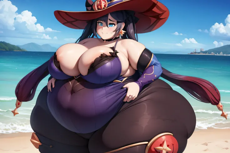 Mona genshin impact, Curvy, muito gordo, (quadris largos:1.3), coxas enormes, grossas e macias, SSBBW, muito gordo flabby arms, realistic lighting, High detail, Qualidade HD, Rosto detalhado, sombreamento realista, rolos de gordura, massive size, gigantesc...