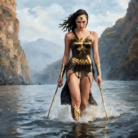 1 girl "gal gadot com vestido preto com dourado", numa paisagem, water, (papel de parede 8k de unidade cg extremamente detalhado...