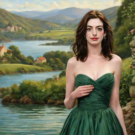 1 girl "anne hathaway com vestido verde com listras", numa paisagem, water, (papel de parede 8k de unidade cg extremamente detal...