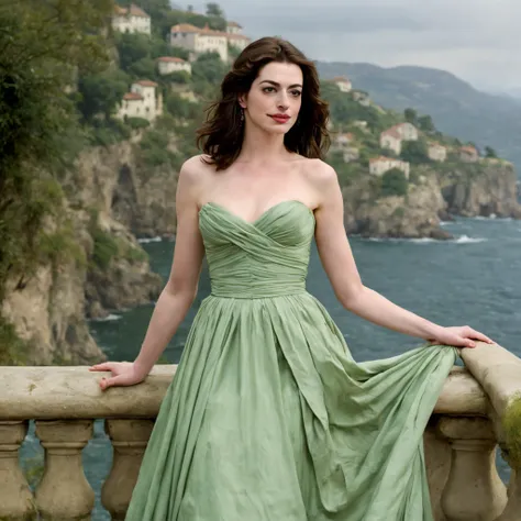 1 girl "anne hathaway com vestido verde com listras", numa paisagem, water, (papel de parede 8k de unidade cg extremamente detal...