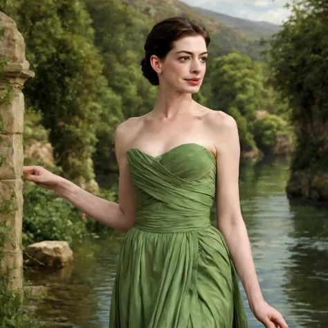 1 girl "anne hathaway com vestido verde com listras", numa paisagem, water, (papel de parede 8k de unidade cg extremamente detal...