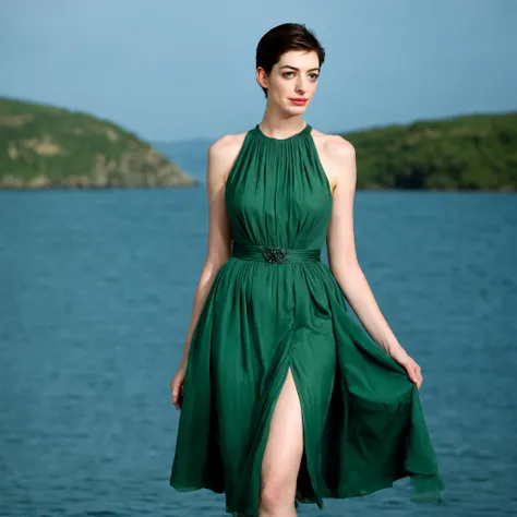 1 girl "anne hathaway com vestido verde com listras", numa paisagem, water, (papel de parede 8k de unidade cg extremamente detal...