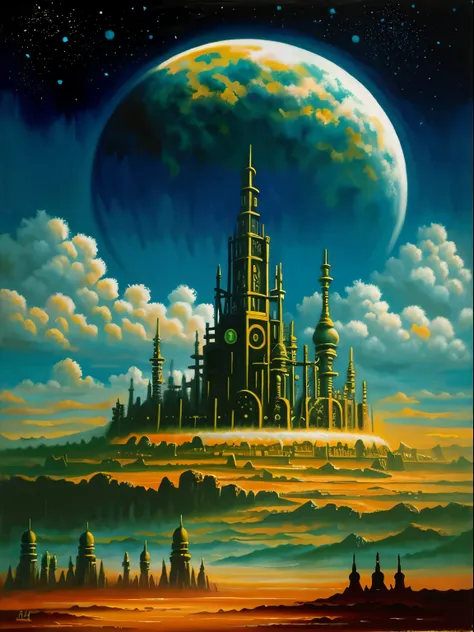 oil painting of an alien citadel, colorful, alien world