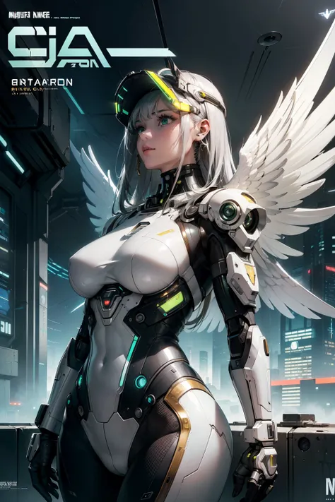 masterpiece, (best quality), (ultra-detailed), (ultra-realistic:1.2), landscape, sci-fi, transistorpunk,  cyberpunk, biopunk, (magazine cover:1.4), (gray, white), female huge robot, visor, earring, mechanical angel wings on the back, angel wings,  future t...