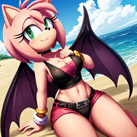 (best quality:1.2), (sonic the hedgehoasterpiece, Amy rose fused with rogue the bat, sexy clothing, sexy, detailed fur, alluring, beach background, waves, detailed eyes, perfect anatomy, high resolution