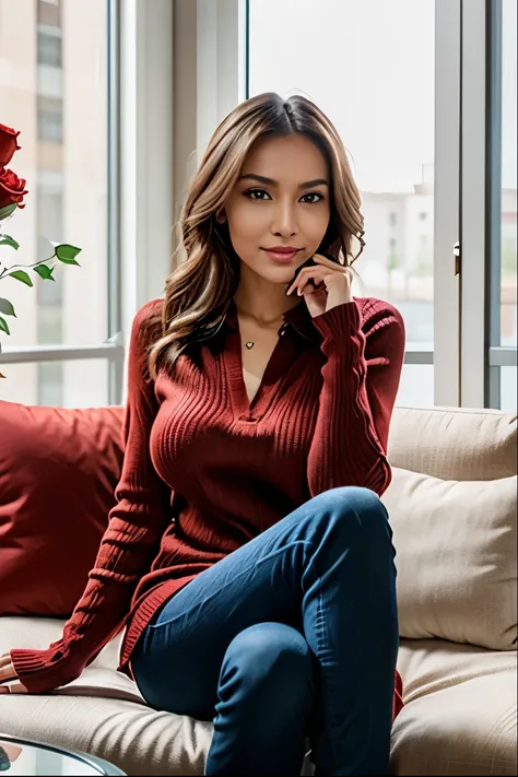 sandra, beautiful girl, sitting on the couch, holding red roses, ultra realistic