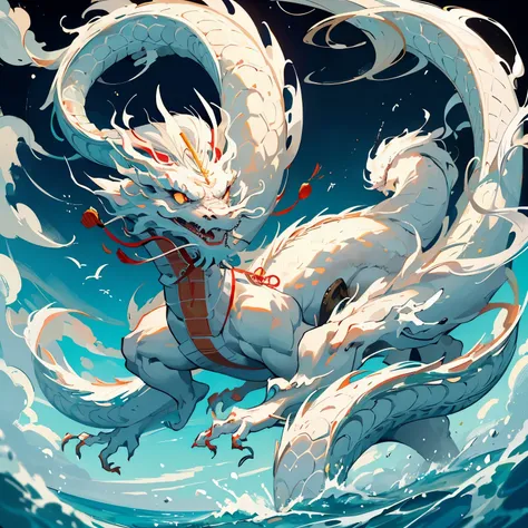 A gigantic white dragon, (((Chinese dragon))), your mustache is very long, olhos amarelos, voando entre nuvens, focus on the sky above and horizon