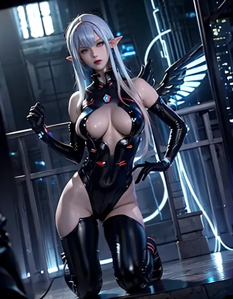 Dark underground city cyberpunk，Blueberry Pudding Protective Film，Sapphire coating，Elf marble hotgirl art statue，the angels wings，platinum light hair，Masterpiece Sams，shocked expression，Film close-up lighting，slender posture，Clear marble pinstripes cover t...