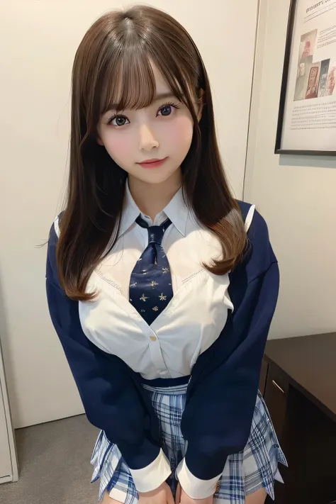 1girl in, Extremely cute face,​masterpiece, top-quality, Ultra-fine、Colossal tits, Brown hair,Bust, all-fours、Beautiful valley、star pattern bra、open-shirt、Chest、Blue tie、white  shirt、pleatedskirt、Forward leaning position、all-fours、nogizaka、Beautiful black ...