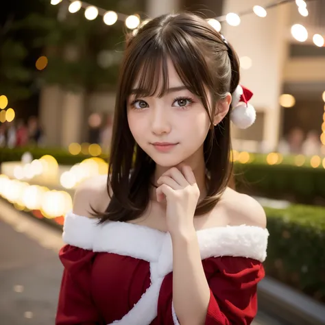 1girl in, Extremely cute face(girl in a beautiful red dress),Half-sleeved、おa navel、Beautiful valley、huge tit、white and pink world、Pink decoration、Christmas,Fun atmosphere,Twinkling lights,soft snowflakes fall,Best Quality,4K,Ultra-detailed,Vibrant colors,C...