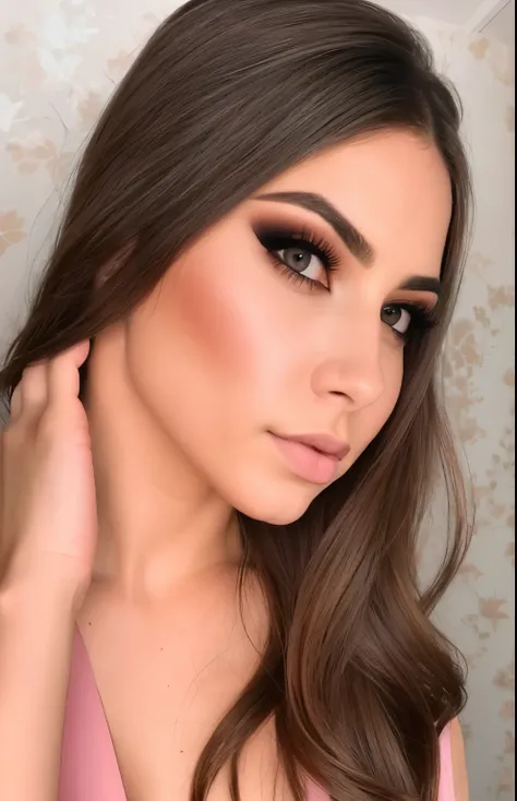 uma mulher com longos cabelos castanhos e uma blusa rosa posando para uma foto, Cara Sexy with full makeup, olhar sensual, beleza de cair o queixo, com maquiagem profissional, contorno de tons pretos profundos, beleza de cair o queixo, dramatic soft shadow...