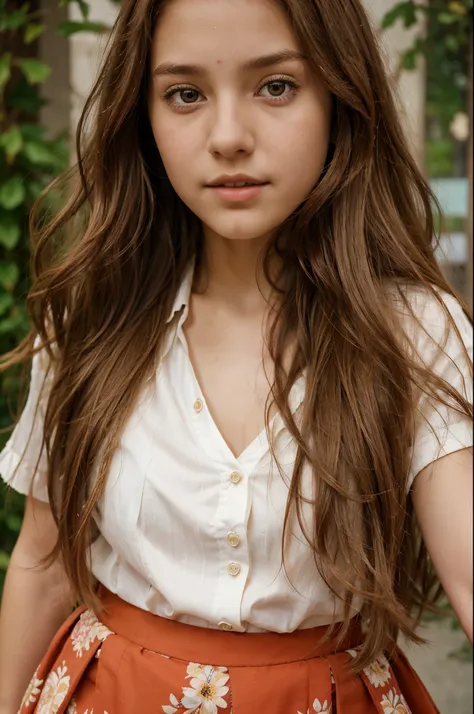 You
Genarate a realistic picture of a girl the age 13-15 with long wavy chestnut hair brown eyes and soft features wearing a pretty blouse and floral skirt and red flats