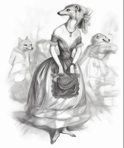 anthro weasel woman furry wearing dress detailed fur long fur realistic fur digital art