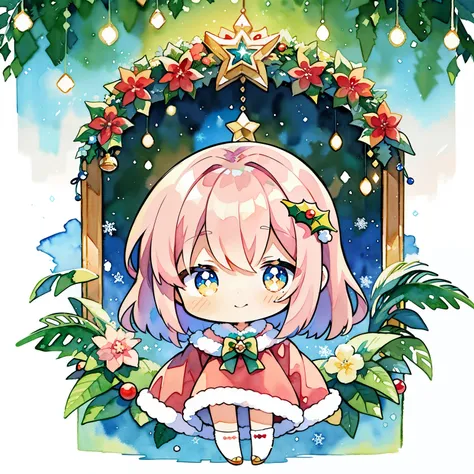 （Chibi：1.5）、(Cute illustration:1.1)、(watercolor paiting:1.2)、(vibrant glow:1.2)、striking contrast、Beautifully detailed、Best Quality、Extremely detailed, , Anime,christmas night、reddish、verdant、illuminations、Santa Clothes、、Holly、Christmas cake、stele、white Ch...