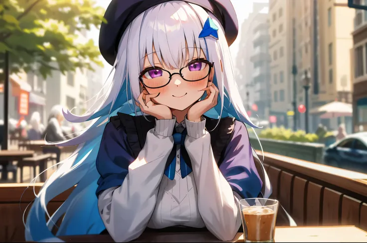 One girl with long hair, bangs, white hair, blue inner hair:1.25) , purple eyes, looking at viewer, blushing, little smile, outdoor, cafe, table, sitting, sweaters, beret, glasses, mid-chest, day atmosphere, hair ornament, medium breasts, upper body, focus...