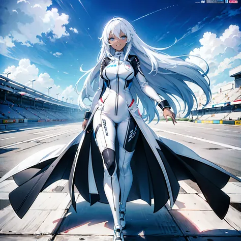 30 years old girl, long  white hair, Dark skin, Wearing a white racing suit, blue colored eyes, Smiling, a sexy pose, A high resolution, Super sharp, 8K, (Magazines: 1.3), (styled: 1.3), racing paddock, Background sky