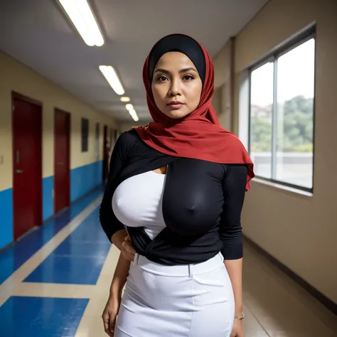 52 years Old, Hijab Indonesian mature woman, Big Tits : 96.9, Long-sleeveles Shirt, Slim body, Breast about To burst out, at School Corridor, Bright light, at Daytime