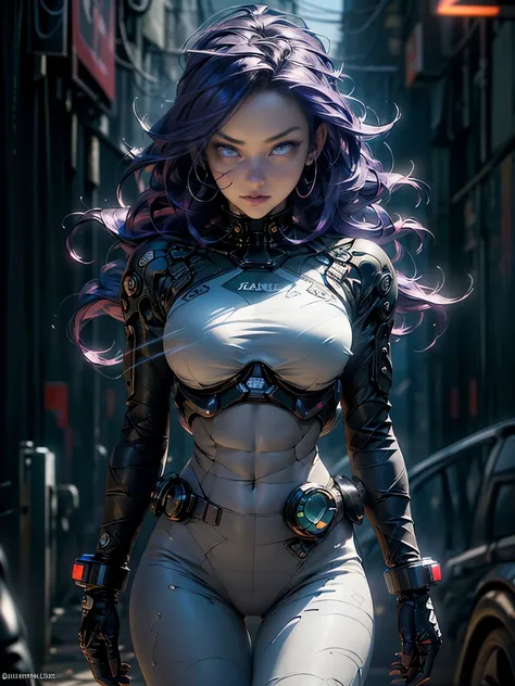 (Best Quality, best resolution), ((perfect Masterpiece), (incredibly Detailed: 1.4), 3D, A Beautiful futuristic Cyberpunk girl, super huge enormously gigantic tits, cleavage showing, tons of tattoos and piercings, very long purple hair in a shaved mohawk h...