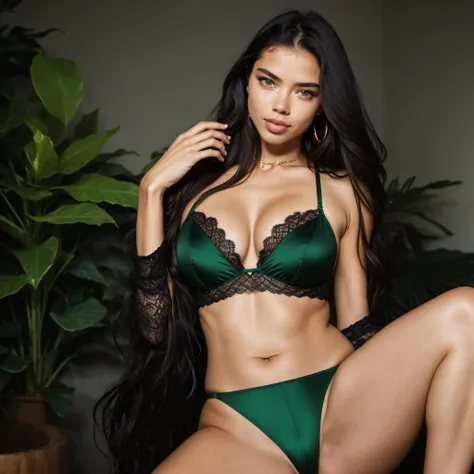 brazilian girl, halsband, Perfektes Gesicht, volle Lippen, Perfekte Augen, smil, Realistisch, 8K, super realistisch, Adriana Lima, green long hair, glatte Haut, dark green eyes, black underwear, runny, strapse, black underwear, full-body shot, Kodaq Gold 4...