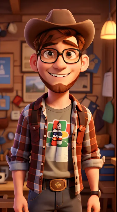 A young man of approximately 25 years old, slightly red beard, brown eyes, plaid t-shirt, rodeo hat, glasses, Disney Pixar style, high quality, best quality.