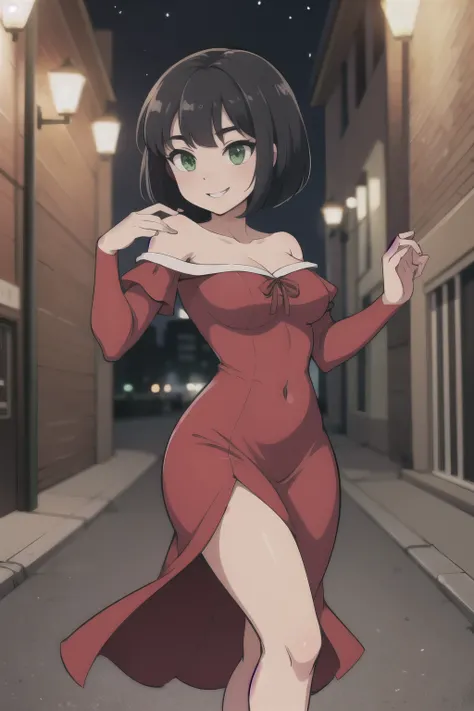 1 girl, Teenage, Black hair, Short black hair, Medium Hair, Bob Hair, Green eyes, off shoulder dress, red Flamenco Dress, Flamenco dancer, sleeveless, red long skirt, Smile, the city street, Sexy, nighttime, masterpiece, High quality, better lighting.