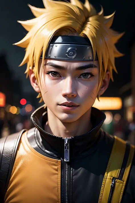 Create a cheerful 20 years old Asian man, ninja style, temple background, short spiky hair, neon yellow haired, black and orange jacket, highest quality), ((1:1 resolution), (face centered in the center of the image), avatar photo only, (head + shoulders),...