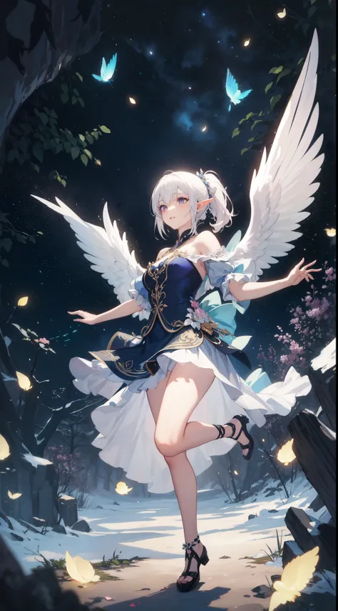 ((masterpiece, best quality)), official art, unity 8k wallpaper, ultra detailed, In a realm of enchantment, within a magical forest, A mysterious angel elf girl appears, a radiant being adorned in gossamer threads of moonlight. Her skirt, woven from petals...