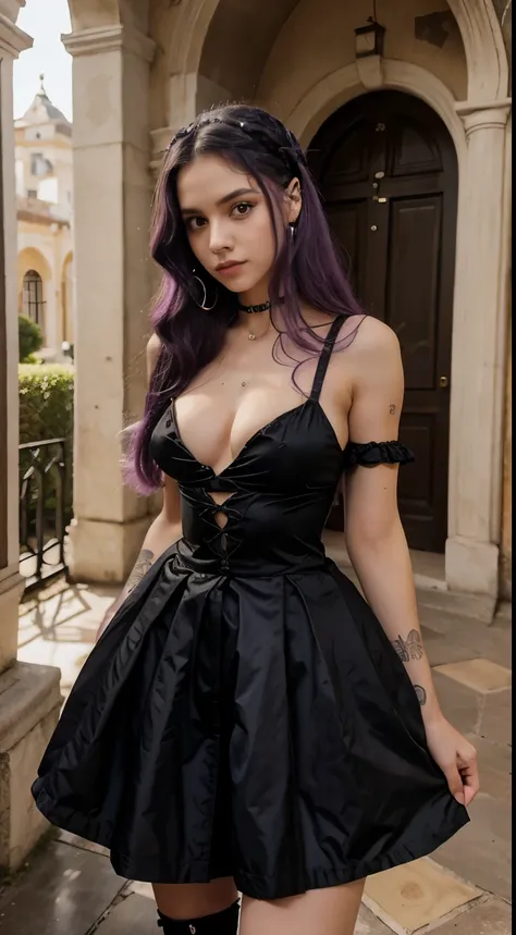 Menina bonita, menina jovem, 22 anos, Cabelo absurdamente longos, cabelo pintado todo de roxo, goth woman, com roupas pretas da era vitoriana, corpo perfeito, Background of a mansion, apaixonada, realista