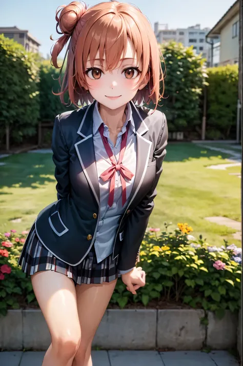 (masterpiece), best quality, expressive eyes, perfect face, highres, 1 girl, solo, yuigahama yui, short hair, (brown eyes:1.5), (orange hair:1.2), hair bun, single hair bun, skirt, shirt, ribbon, school uniform, jacket, white shirt, black jacket, blazer, s...