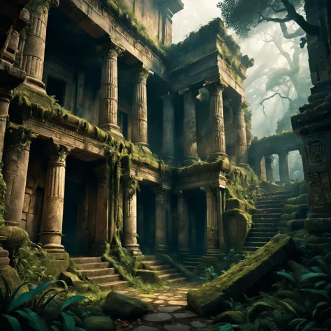 (best quality,4k,8k,highres,masterpiece:1.2),ultra-detailed,(realistic,photorealistic,photo-realistic:1.37),mysterious ancient ruins,illustration,oil painting,foggy atmosphere,dramatic lighting,forgotten relic,ancient civilizations,worn stone carvings,tall...