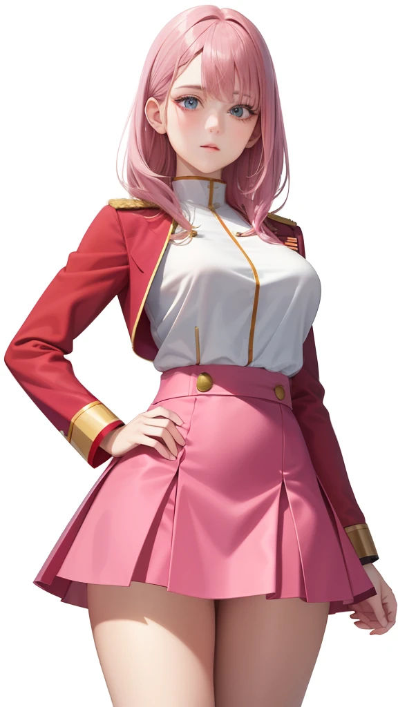 1girl in, sayla mass, Elegant, masutepiece, Convoluted, Army pink uniform dress with a super miniskirt that almost shows your panties、Super miniskirt You can see the pants in the miniskirt、White panty、Realistic, Best Quality, With White Base and Mobile Sui...