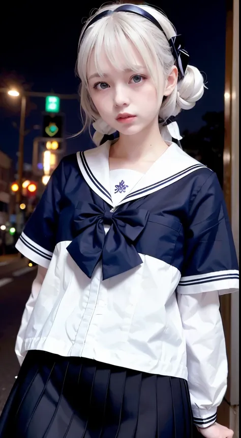 (8k, RAW photo, best quality, masterpiece:1.3),(realistic,photo-realistic:1.37),(night),(looking at viewer:1.331),(white hair),posing,Tokyo street,nightcityscape, cyberpunk city,soft light,1girl,extremely beautiful face,bust,put down hands,Random hairstyle...