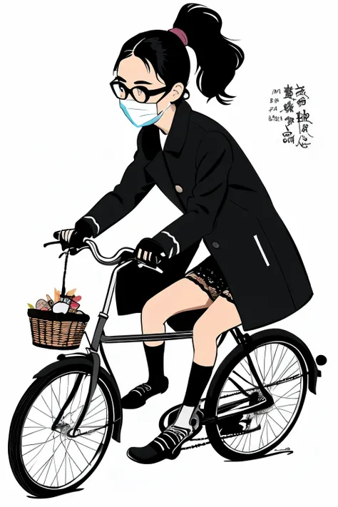 Riding a bicycle,Black hair ponytail,Black-rimmed glasses,masks,Illustration style,silver bicycle,Black duffel coat,