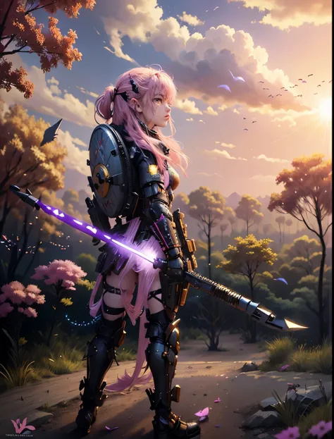 A pink haired Tuff Warrior Fairy Female, 2 extremely large violet elegant fairy wings, wearing a pink tutu and panties, and combat fatigues and tan pink black and gold colored marine miliary armor, forest village dystopian word at war, fairy fighting like ...