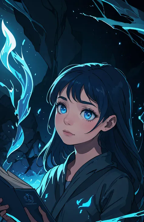 A girl reading a magic book in the middle of a cave, surrounded by blue flames,in a dark atmosphere with the presence of ghosts and magical energy. The girl has intense concentration and focus, her eyes shining with curiosity and determination. Her lips ar...