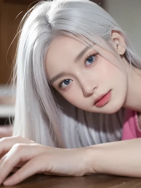 Be a girl with pink skin, pretty eyes (red eyes) as deep as the night sky, Half sad face lying on the table, White hair, looking at you, With anime/Semi-realistic art style