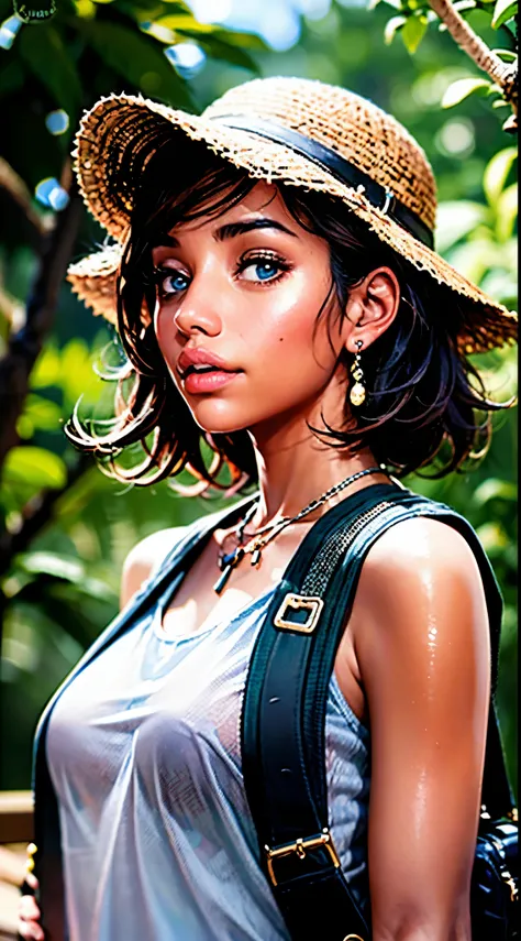 a woman (18 years old, cute, 80's hip hop influence); from the dominican republic is standing in a jungle. she has long, messy h...