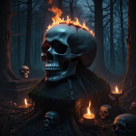 (Best Quality,8K resolution,High resolution,masutepiece:1.2),Ultra-detailed,Realistic Skull,detailed corpse,Dark Forest, night background with altar,fire,melancholy lighting,Horror-themed,Solid color palette