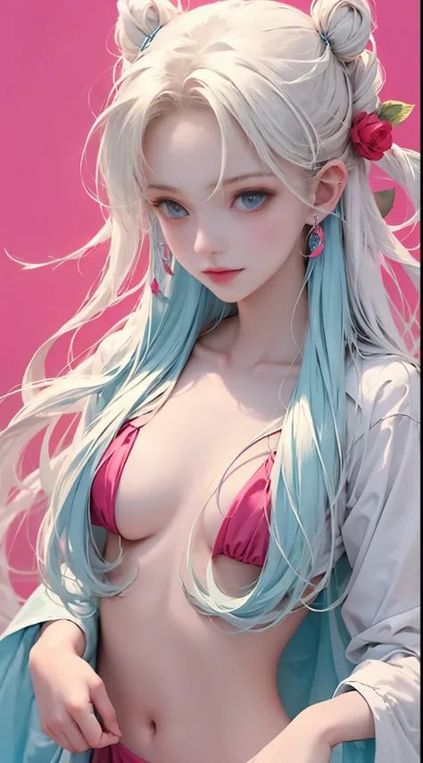 Light blue and red color scheme， nipple，little body，Petite，White curly hair, high detail, best quality, supper detail, detail eyes, pink pussy, simple background, 5/6 body