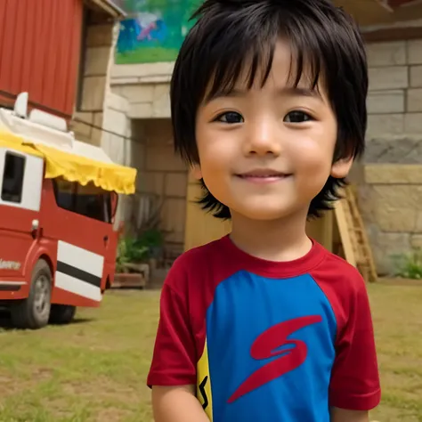 a close up of a cartoon boy in a red letter S shirt and blue shirt, wide angle portrait realistic